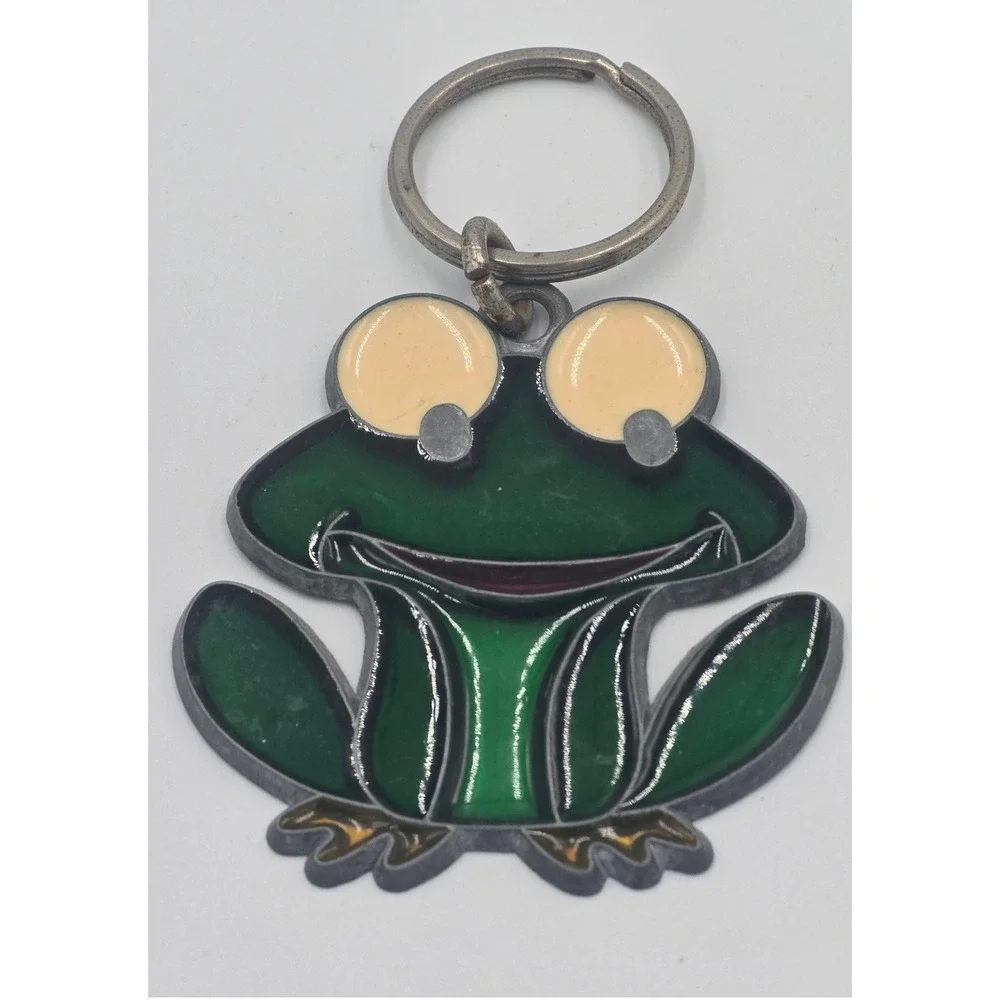 Vintage Green Frog Stained Glass Style Enamel Keychain Silver Tone Metal Ring